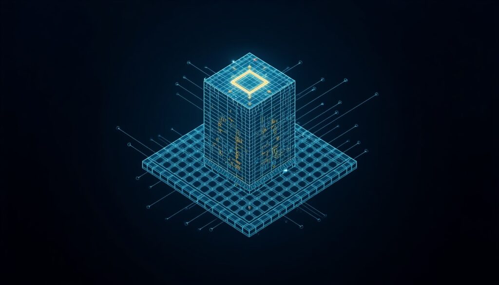 A 3D digital wireframe mapping content marketing and local SEO nodes in cyan and gold, visualizing lead generation architecture for property insurance brands.