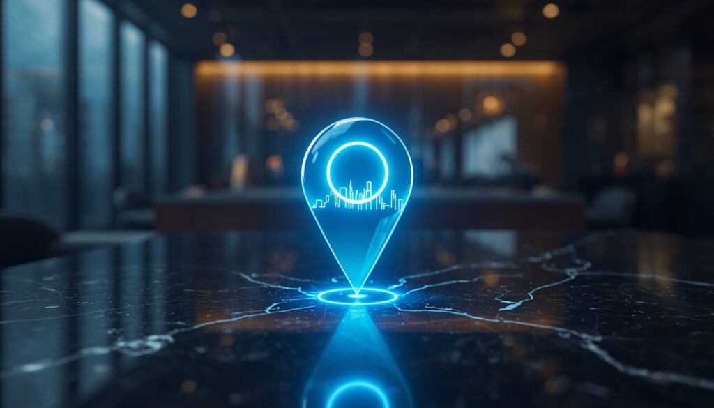 A glowing digital location pin and city skyline symbolizing local SEO dominance for home insurance agencies.