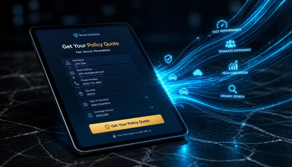 A digital tablet displaying a fast, mobile-optimized insurance quote form with a gold button, visualizing seamless user experience and policy conversions.