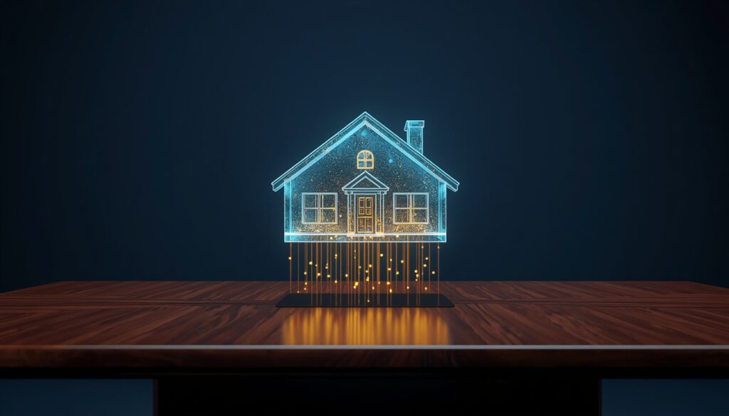A 3D digital home glowing with cyan and gold data streams, representing organic search traffic and policy conversions for home insurance companies.