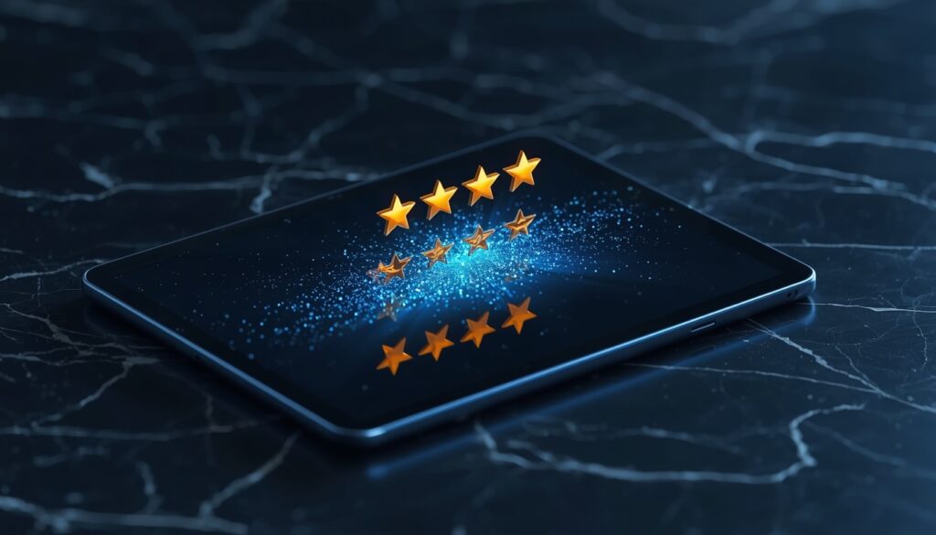 A digital tablet displaying five glowing gold stars and a cyan verification badge, representing positive online reviews and reputation management for insurance companies.