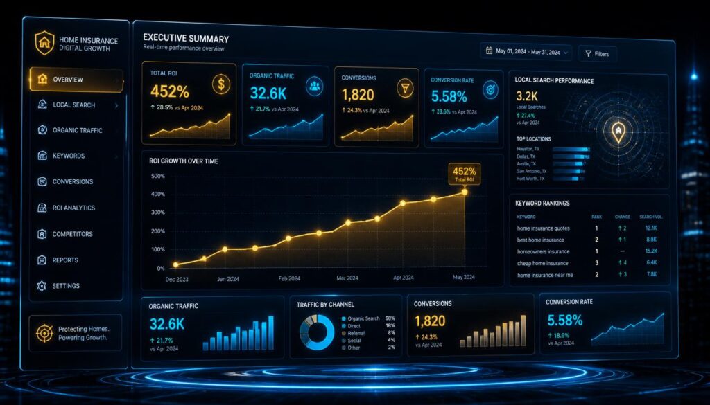 A 3D digital dashboard displaying gold and cyan analytics graphs, representing SEO performance tracking and long-term growth for home insurance companies.
