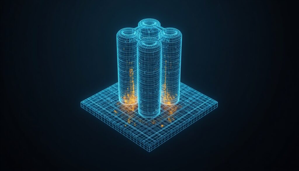 A 3D digital blueprint mapping targeted insurance keywords and content nodes in cyan and gold, visualizing content marketing and SEO clusters.