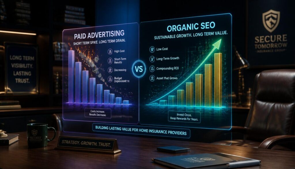 Translucent 3D infographic hovering over a desk comparing a shrinking column labeled "Paid Ads" to a growing, glowing cyan column labeled "Organic SEO" for home insurance marketing.