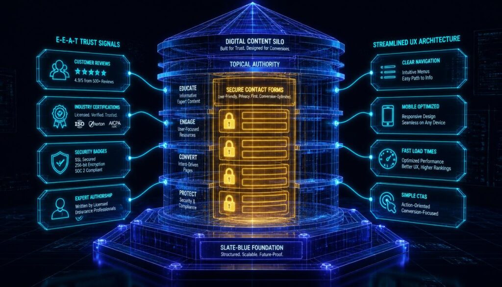 A 3D digital wireframe mapping secure forms and E-E-A-T trust signals in cyan and gold, visualizing UX architecture for insurance lead conversion.