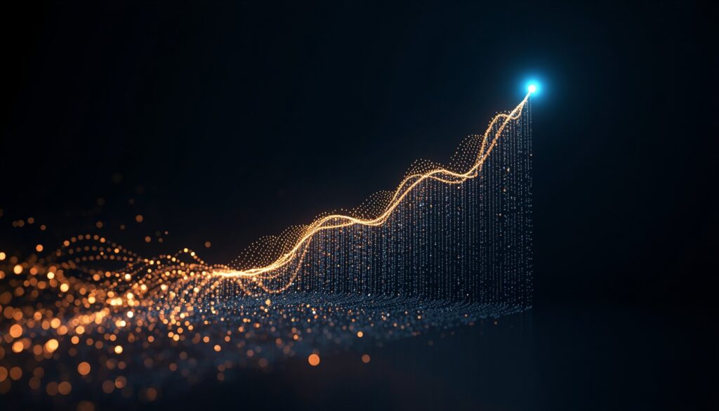 Abstract fiber-optic light trails forming an upward-trending cyan and gold analytics graph, visualizing UX tracking and conversion optimization for insurance websites.