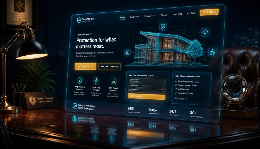 A glowing 3D digital home insurance website interface with cyan and gold touchpoints, representing high-converting UX design.