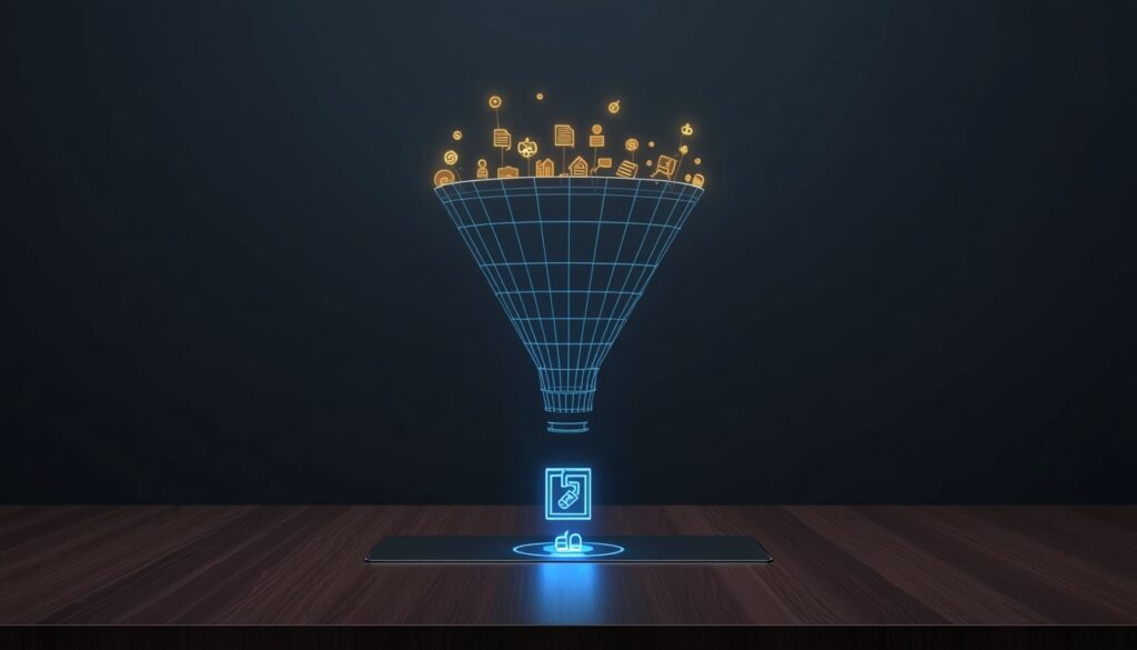 A 3D digital sales funnel converting gold web traffic icons into cyan policy documents, representing lead generation and conversion for home insurance agencies
