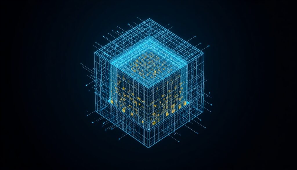 A 3D digital blueprint mapping landing pages and educational resources in cyan and gold, visualizing UX architecture for insurance websites.