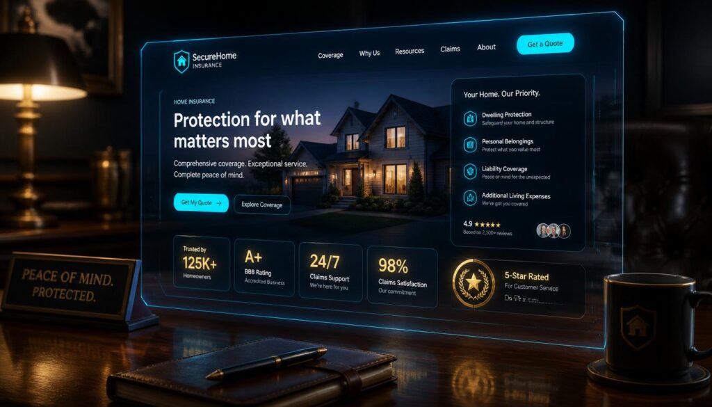 A 3D digital home insurance website interface glowing with cyan and gold UI elements, representing web design best practices and conversion optimization.