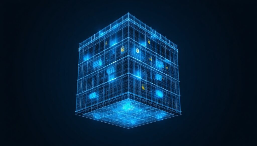 A 3D digital blueprint mapping targeted educational nodes in cyan and gold, visualizing content marketing authority for healthcare websites.