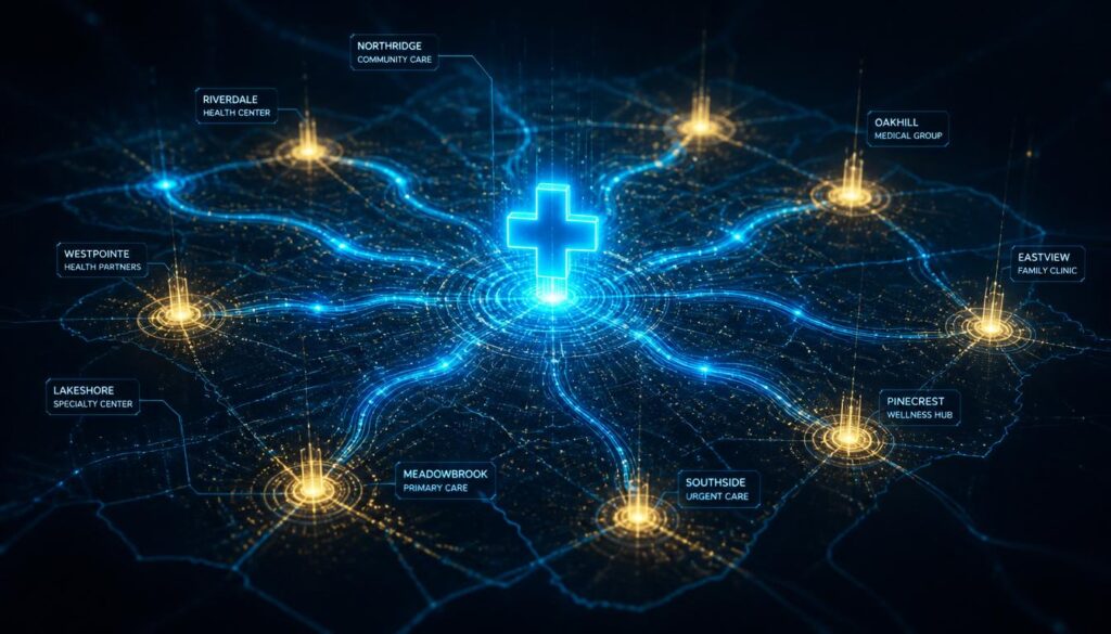 Abstract fiber-optic light trails forming an interconnected local map with a cyan medical cross, visualizing local SEO and community patient visibility for hospitals.