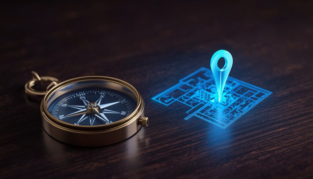 A gold compass pointing to a glowing cyan map pin over a digital hospital grid, representing local SEO and patient visibility for hospitals.
