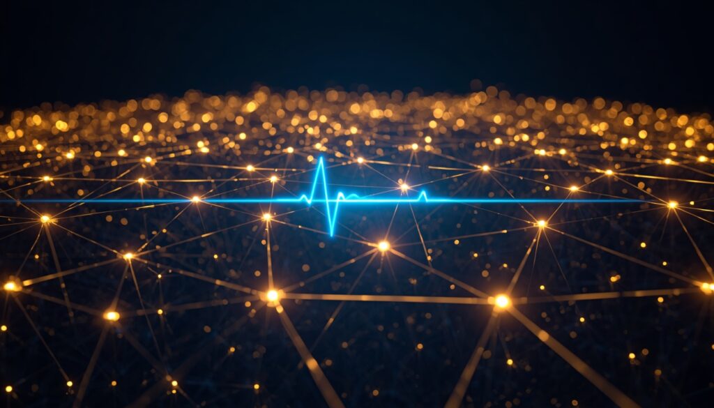Abstract fiber-optic light trails forming an interconnected community health network with a cyan heartbeat line, visualizing patient engagement and wellness for hospitals.