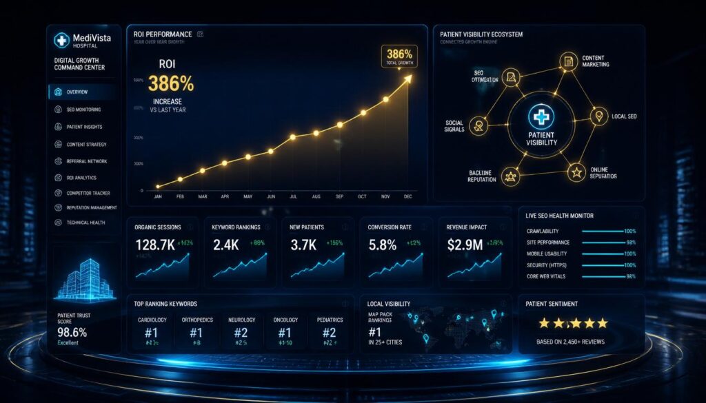 A 3D digital dashboard with glowing cyan and gold graphs and data nodes, representing SEO monitoring and structured data for hospitals.