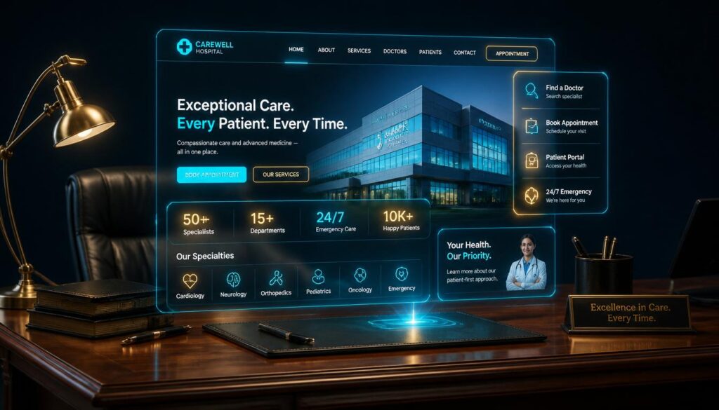 A glowing 3D digital hospital website interface with cyan and gold touchpoints, representing seamless patient experience and engagement.