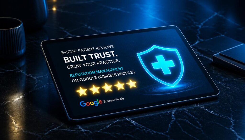 A glowing 3D digital hospital website interface with cyan and gold touchpoints, representing seamless patient experience and engagement.