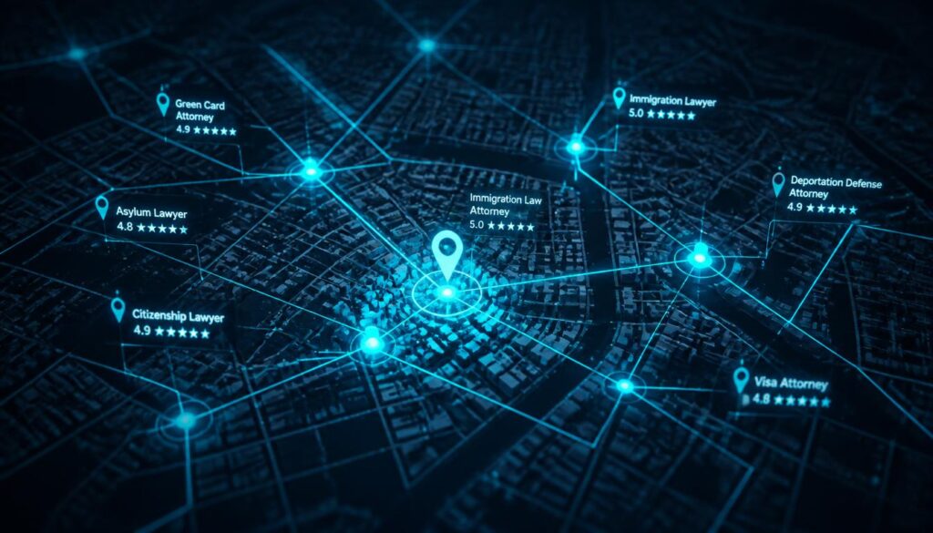 Glowing data nodes on a city map representing local SEO strategies for immigration law firms.