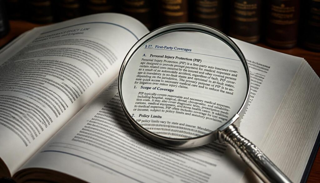 A magnifying glass focusing on a thick reference book about auto insurance laws, representing deep website content and topical authority.