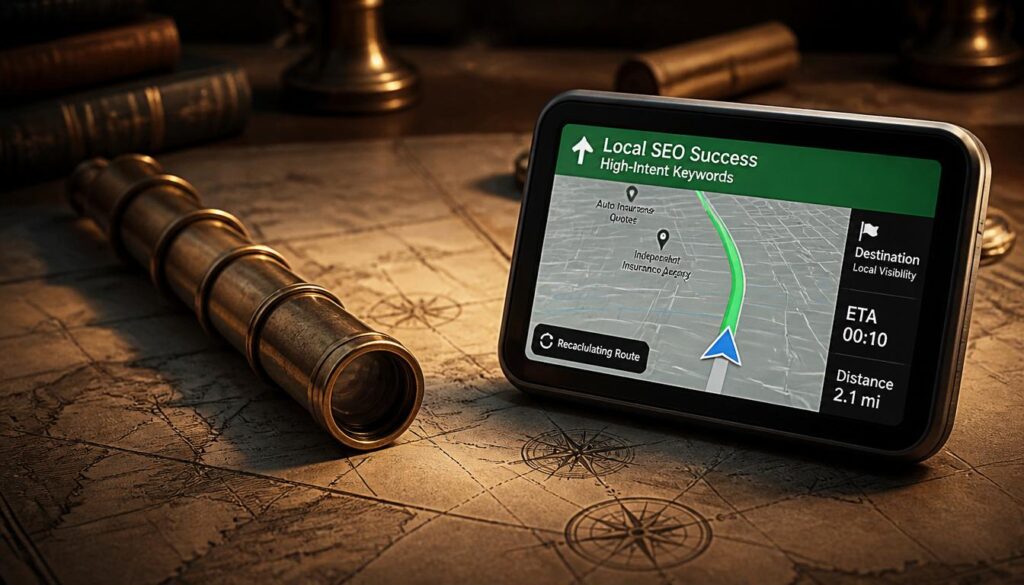 An antique telescope pointing off-target next to a modern GPS, symbolizing outdated SEO versus precise keyword targeting for insurance agencies.
