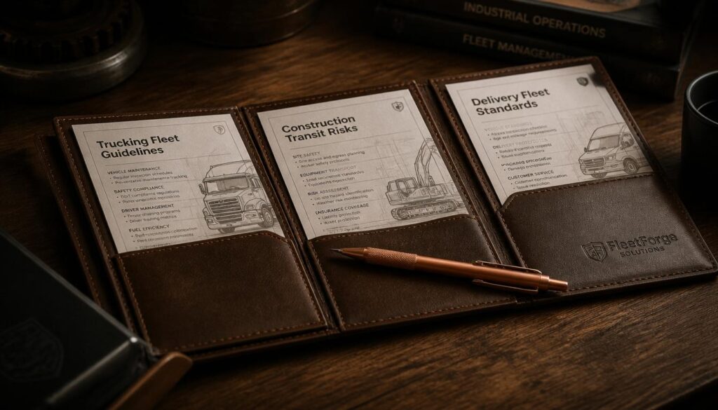 An open leather portfolio containing distinct fleet industry specification sheets, representing industry-focused commercial auto landing pages.