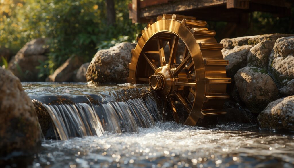 A brass water wheel capturing a fast stream, symbolizing a digital marketing funnel converting informational search traffic into revenue.