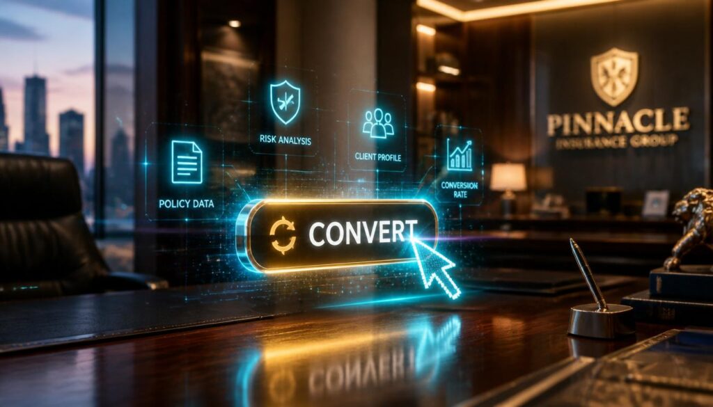 A glowing digital cursor and conversion button symbolizing high-converting landing pages for insurance agencies.