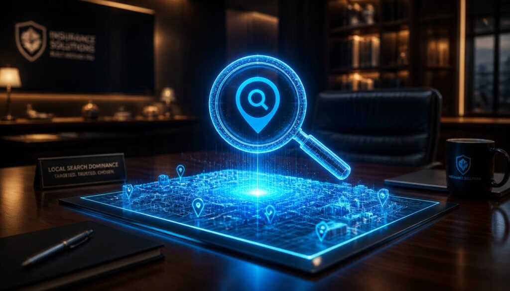 A glowing digital search icon and city map symbolizing local SEO dominance and content strategy for insurance agencies.