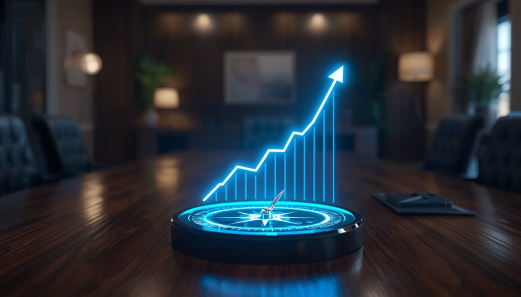 glowing digital compass and upward graph symbolizing targeted SEO strategies and lead generation for insurance agencies during peak season.
