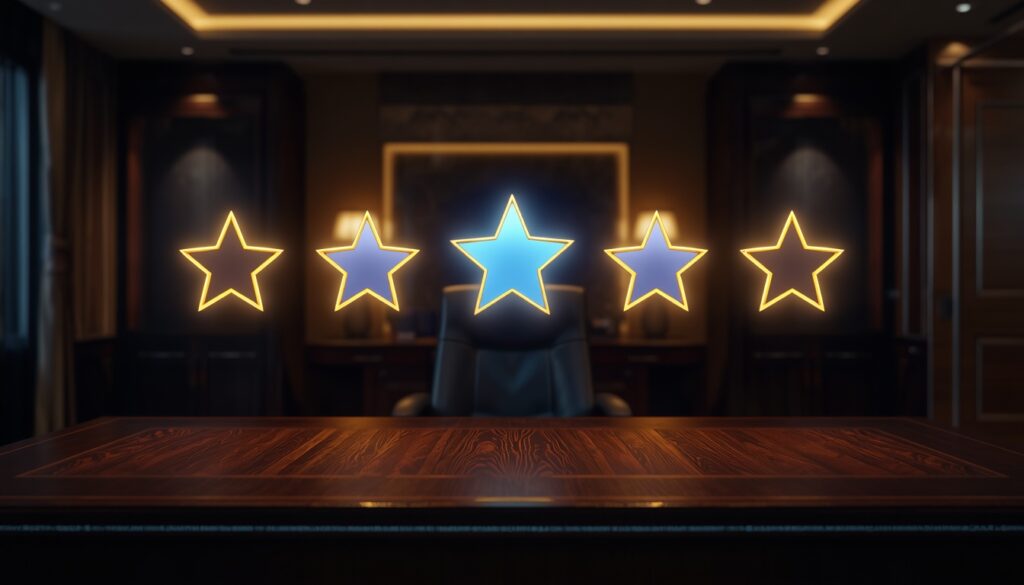 Glowing five-star digital rating symbolizing social proof and SEO success for insurance agencies.