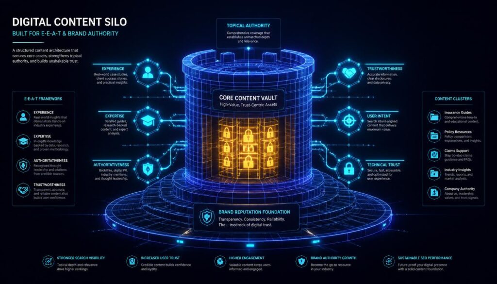 A 3D digital wireframe with glowing cyan nodes and gold data locks, representing E-E-A-T principles and brand authority for home insurance websites.