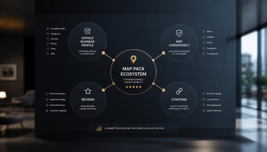 A digital ecosystem of interconnected nodes representing Google Local Map Pack ranking factors for insurance agencies.
