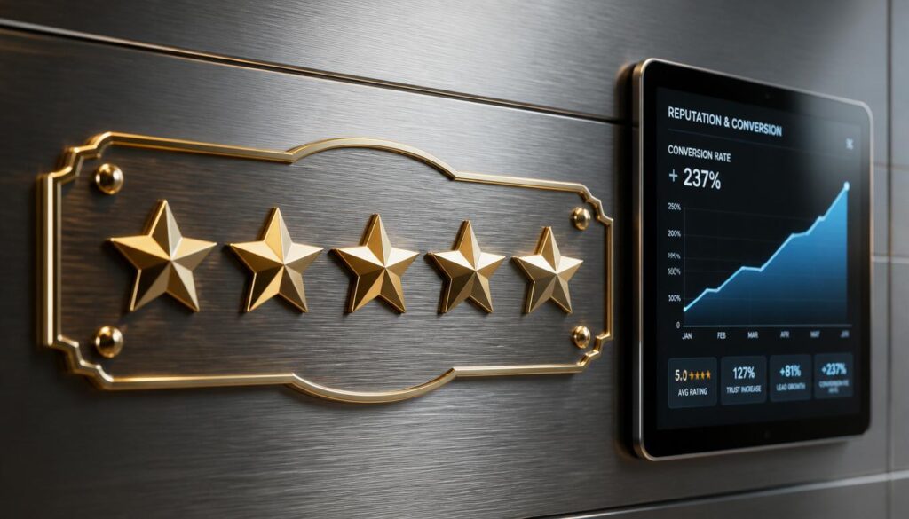 An ornate gold five-star emblem next to a digital tablet showing a rising graph, representing reputation management and local SEO success.