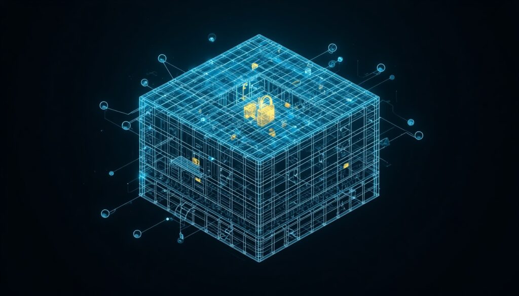 A 3D digital wireframe mapping internal links and backlink networks in cyan and gold, visualizing SEO recovery architecture for insurance websites.