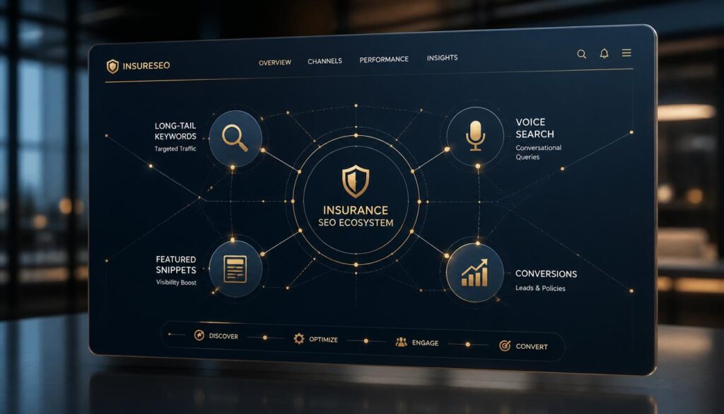 A digital ecosystem of interconnected nodes representing an optimized FAQ content strategy for insurance agencies.