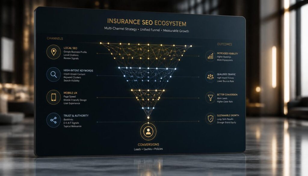 A digital ecosystem of interconnected nodes representing an SEO lead generation funnel for insurance agencies.