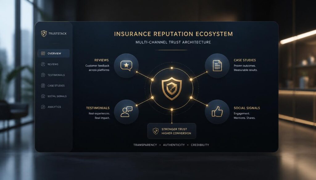 A digital ecosystem of interconnected nodes representing social proof and reputation management for insurance SEO.