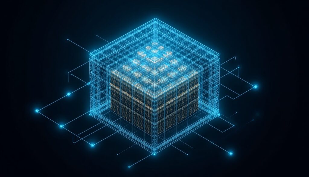 A 3D digital wireframe mapping educational resources and self-service portals in cyan and gold, visualizing UX architecture for insurance websites.