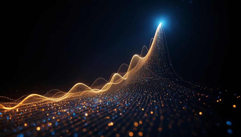 Abstract fiber-optic light trails forming an upward-trending cyan and gold analytics graph, visualizing website speed, security, and conversion growth for insurance sites.