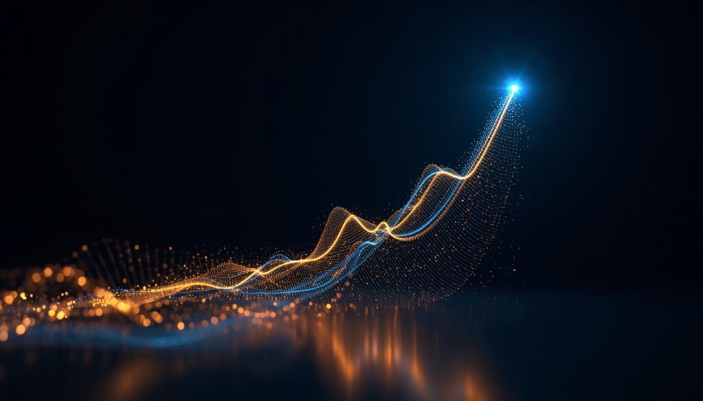 Abstract fiber-optic light trails forming an upward-trending cyan and gold analytics graph, visualizing UX improvements, scalable design, and conversion growth for insurance websites.