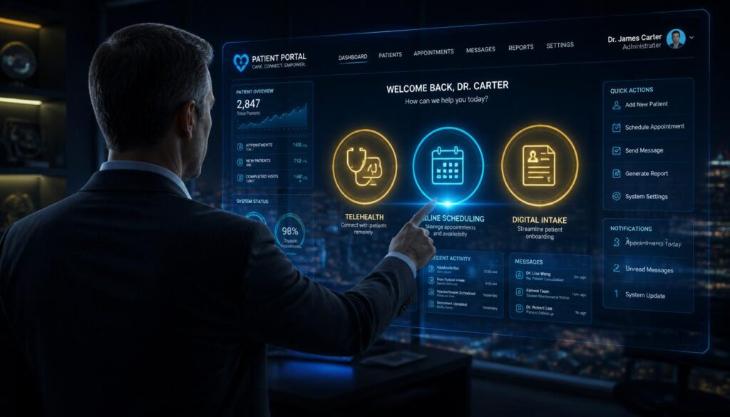 A healthcare professional interacting with a holographic patient portal displaying gold and cyan nodes, representing streamlined interactive features for cardiology clinics.