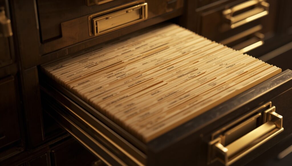 A vintage brass library card catalog drawer with neatly ordered index cards, representing structured internal linking and silo architecture.