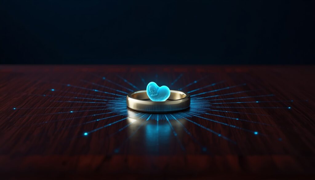 A glowing digital embryo inside a gold ring, representing digital marketing and patient connection for IVF clinics.