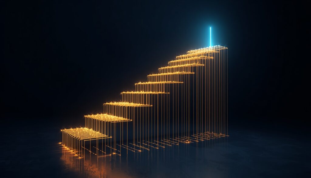 Abstract fiber-optic light trails forming a rising gold and cyan staircase, visualizing step-by-step compounding ROI for IVF marketing.