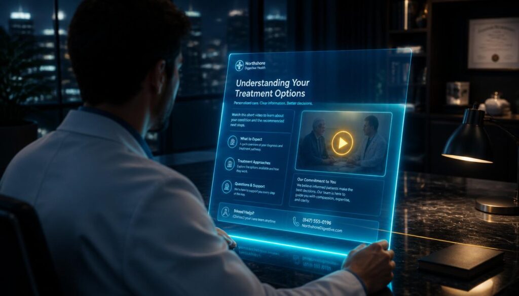 A medical professional reviewing a holographic document with a glowing gold video icon, representing visual communication and patient trust for IVF clinics.