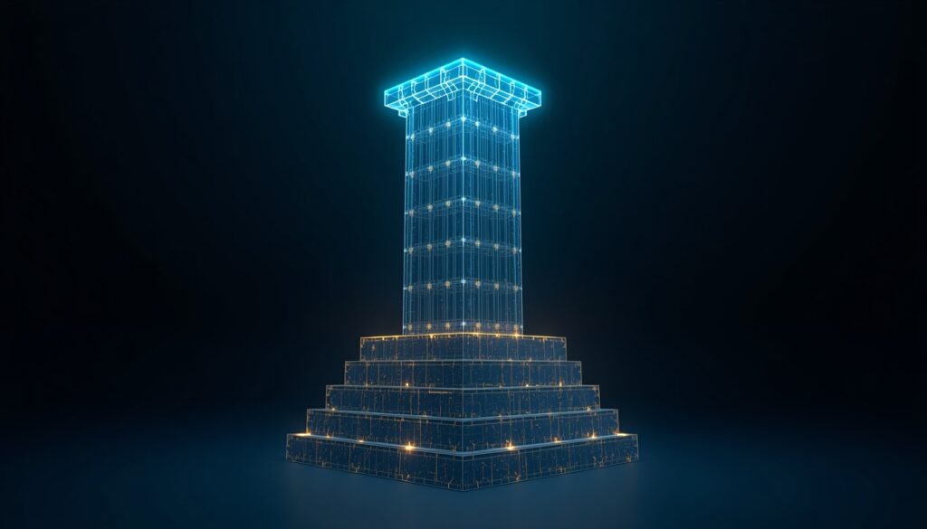A 3D digital pillar built with gold blocks and a cyan beacon, visualizing condition-specific educational content as the foundation of SEO trust.