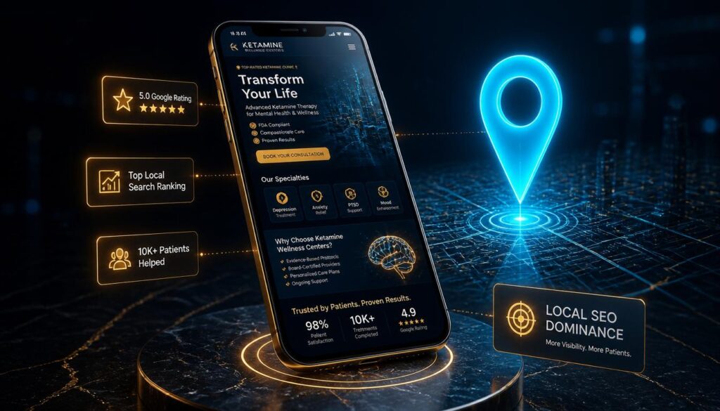 A hovering smartphone displaying a cyan map pin and gold UI nodes, representing mobile-first web design and local SEO for ketamine clinics.
