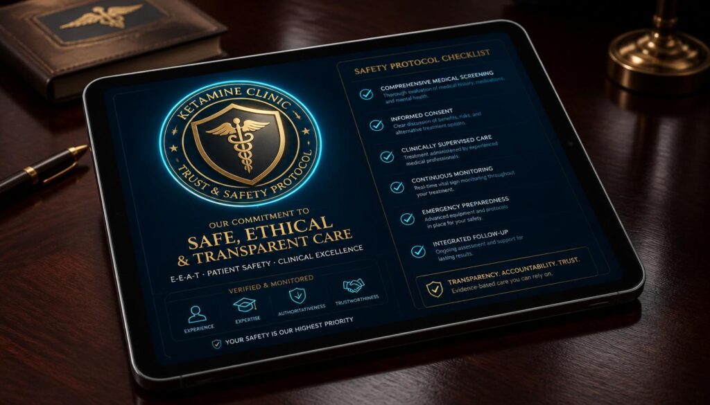 A digital tablet displaying glowing gold and cyan medical safety protocols, representing E-E-A-T and clinical trust for ketamine clinic websites.