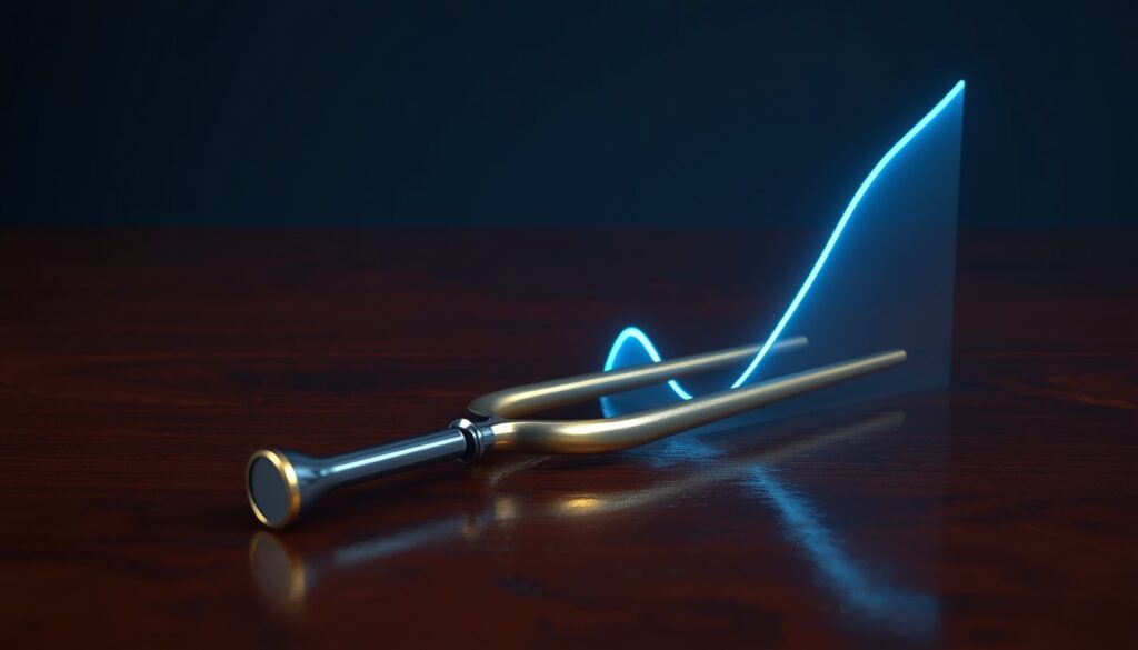 A gold tuning fork emitting a cyan digital search graph, representing mental health search authority and SEO for ketamine clinics.