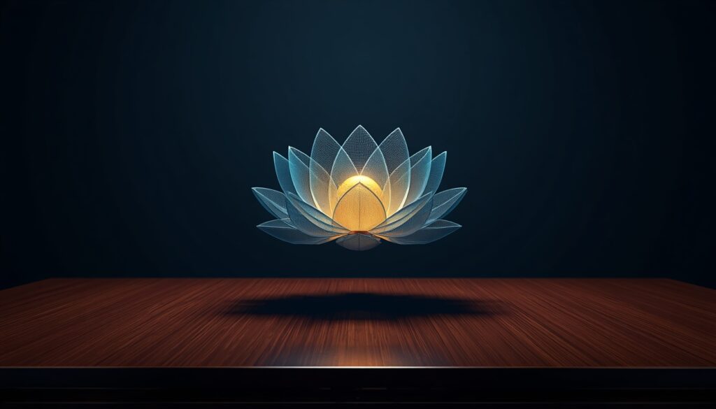 A 3D digital lotus flower glowing in cyan and gold, representing empathetic web design and digital transformation for ketamine therapy clinics.